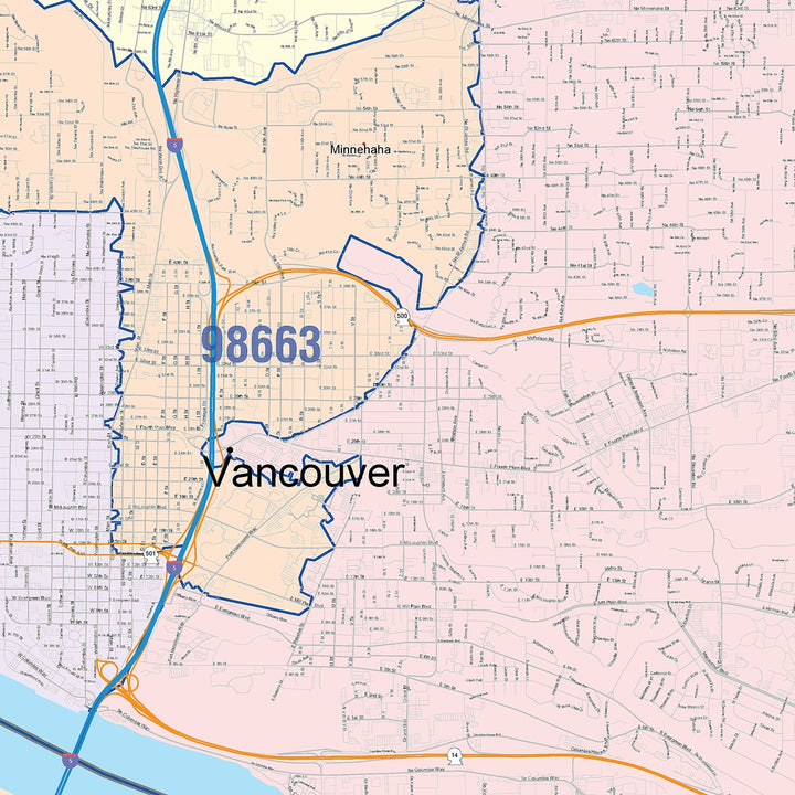 Color Cast Zip Code Style Wall Map of Vancouver, WA
