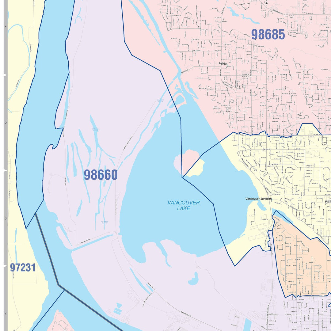 Color Cast Zip Code Style Wall Map of Vancouver, WA
