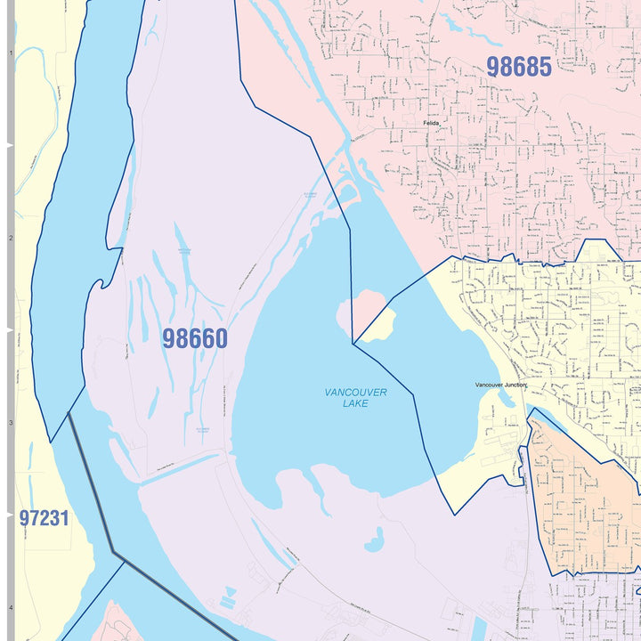 Color Cast Zip Code Style Wall Map of Vancouver, WA