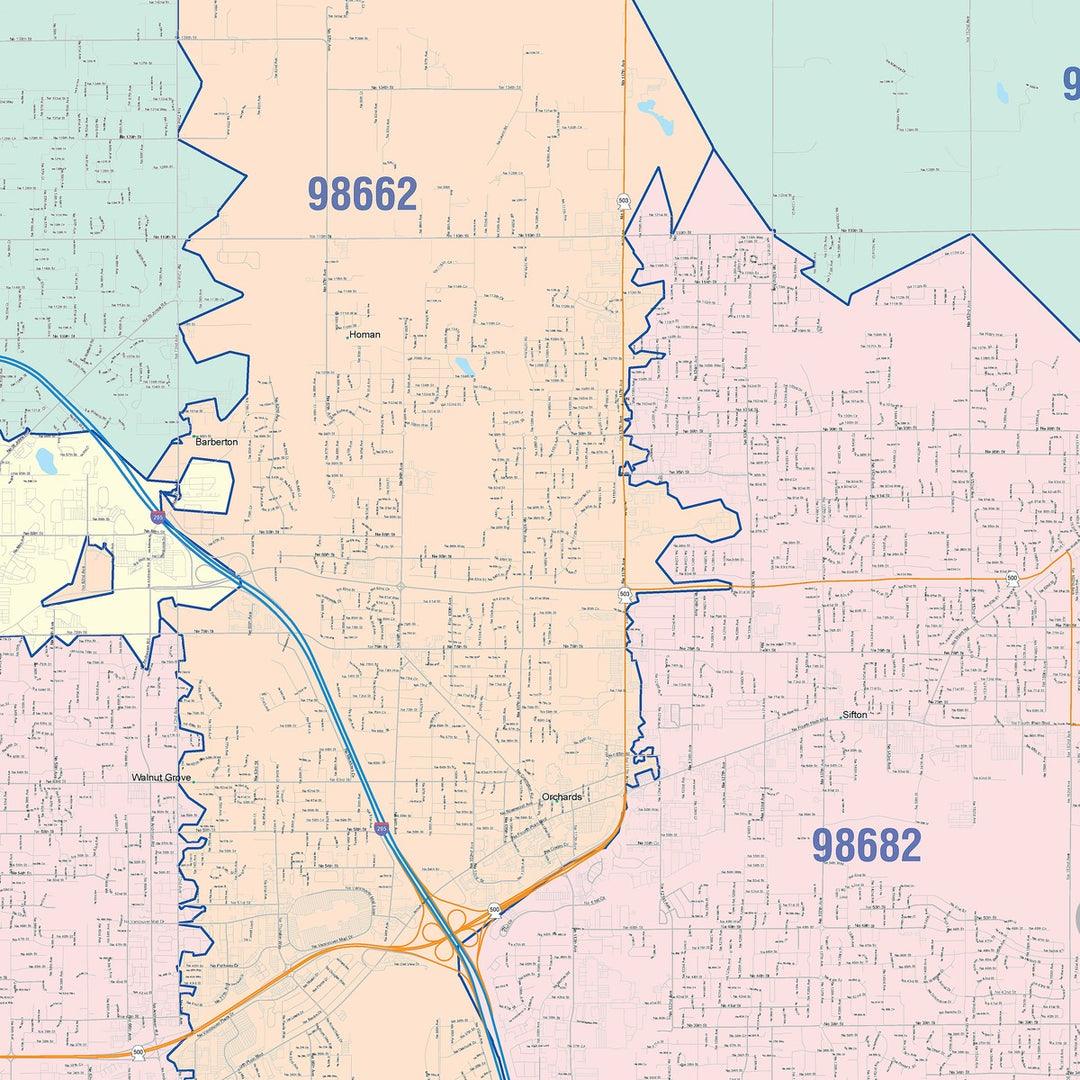 Color Cast Zip Code Style Wall Map of Vancouver, WA