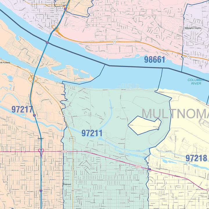 Color Cast Zip Code Style Wall Map of Vancouver, WA