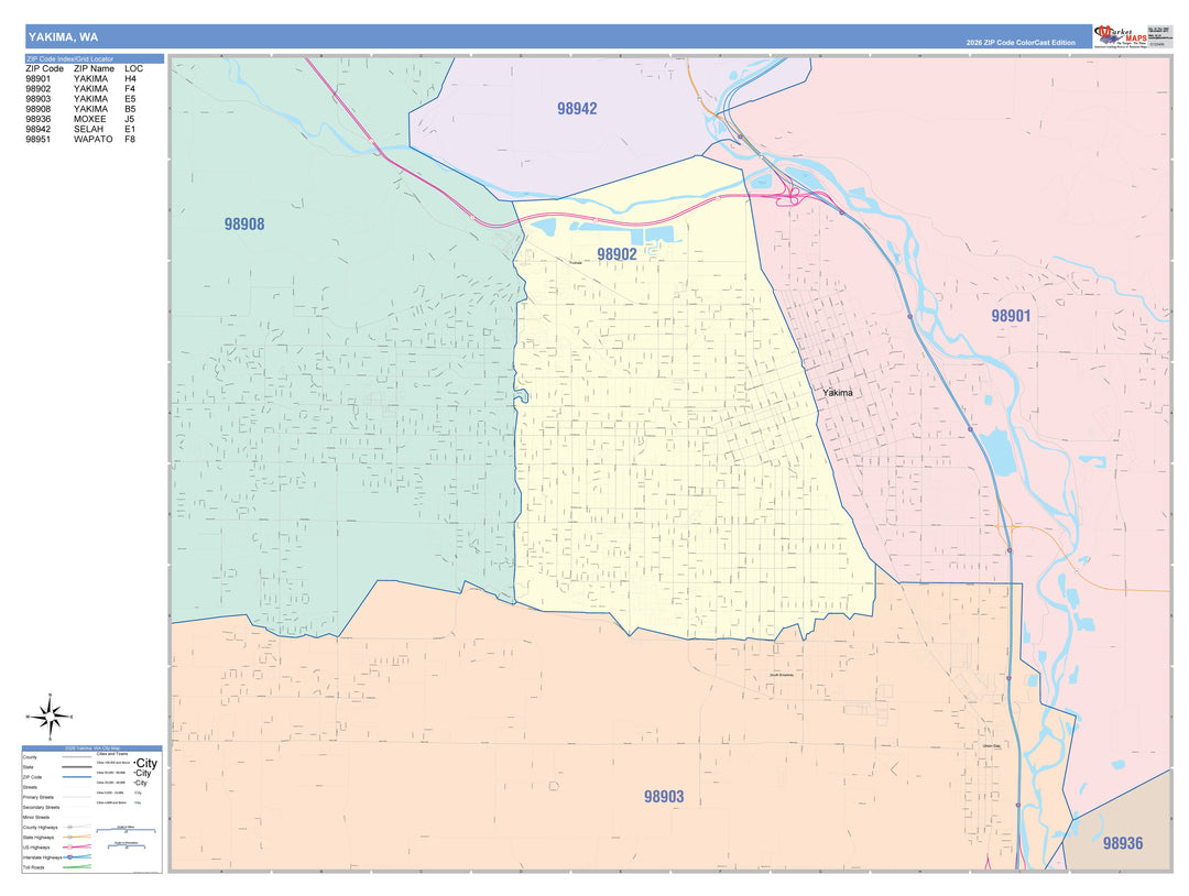 Color Cast Zip Code Style Wall Map of Yakima, WA
