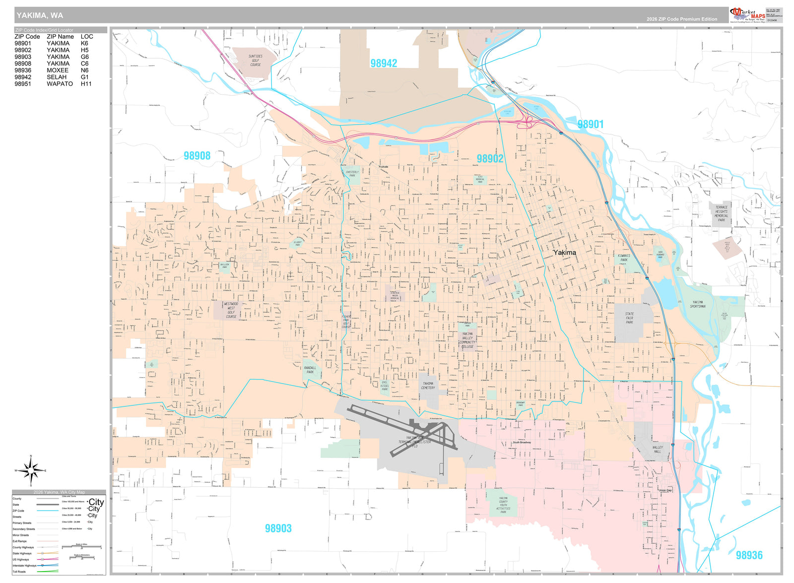 Premium Style Wall Map of Yakima, WA