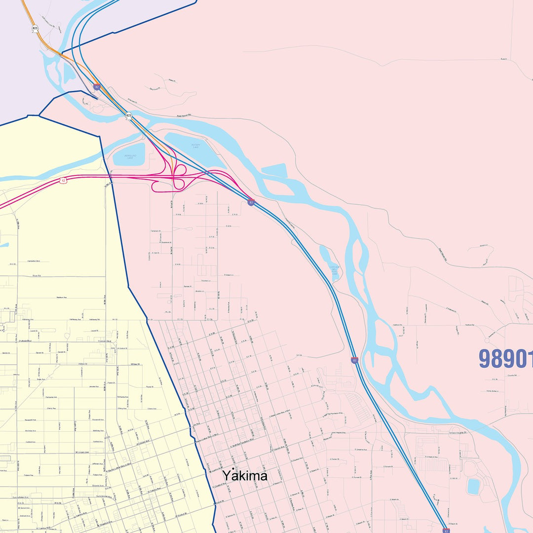 Color Cast Zip Code Style Wall Map of Yakima, WA