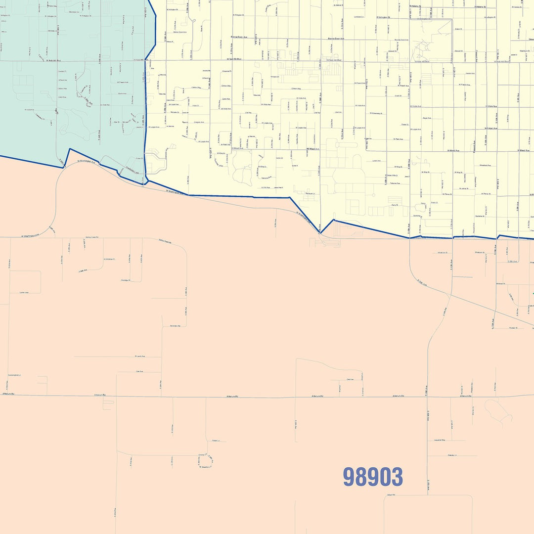Color Cast Zip Code Style Wall Map of Yakima, WA