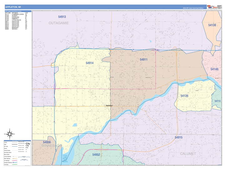 Color Cast Zip Code Style Wall Map of Appleton, WI