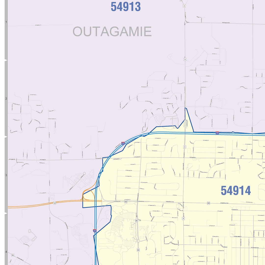 Color Cast Zip Code Style Wall Map of Appleton, WI