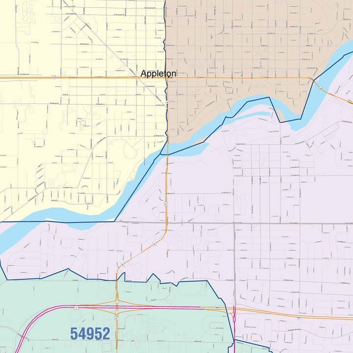 Color Cast Zip Code Style Wall Map of Appleton, WI