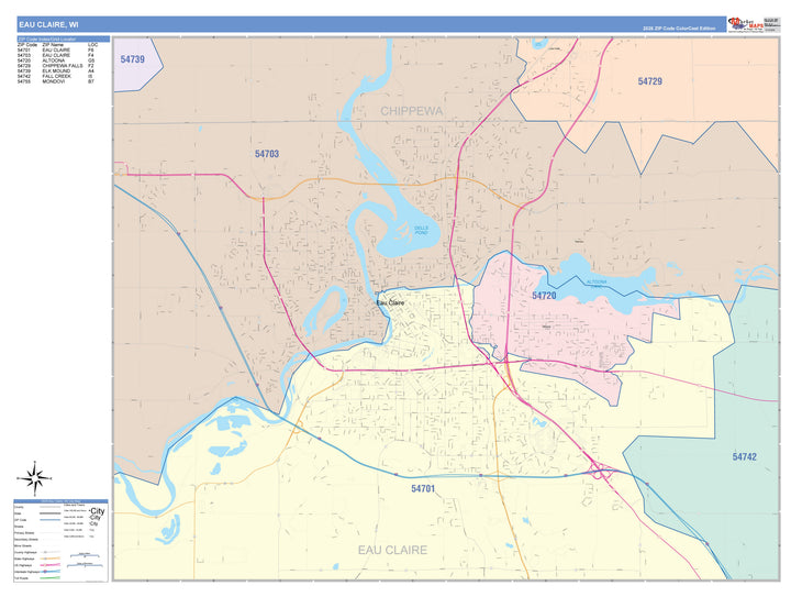 Color Cast Zip Code Style Wall Map of Eau Claire, WI