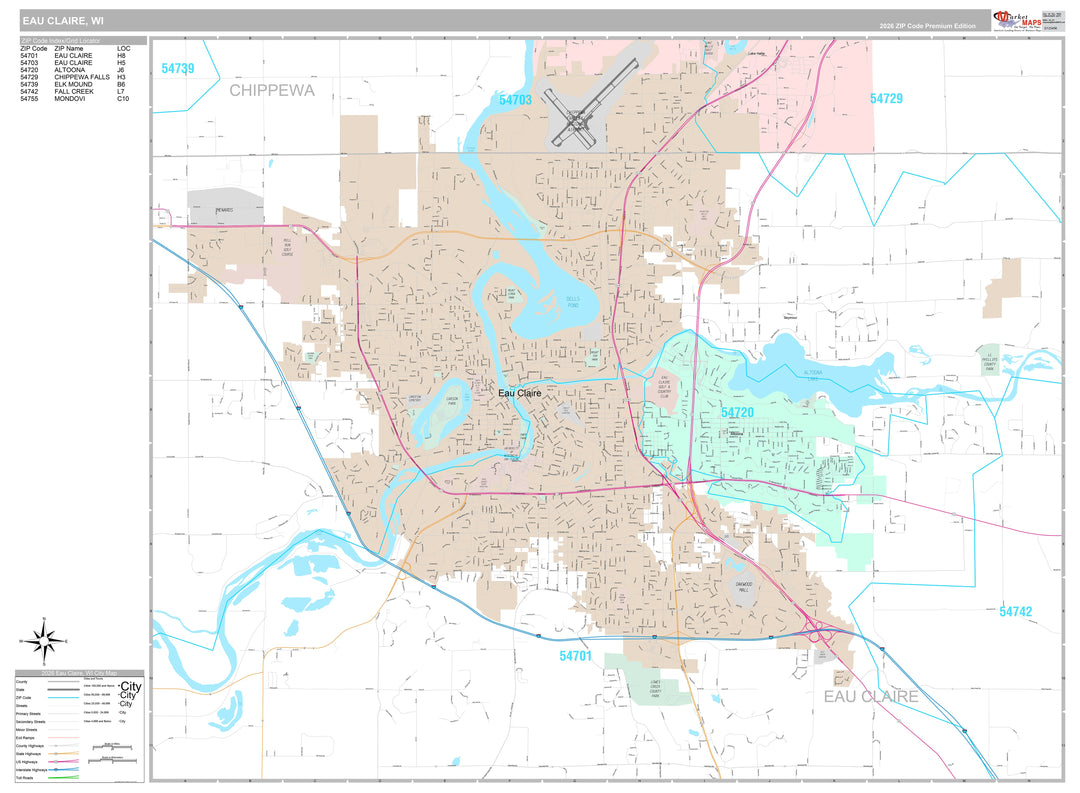 Premium Style Wall Map of Eau Claire, WI