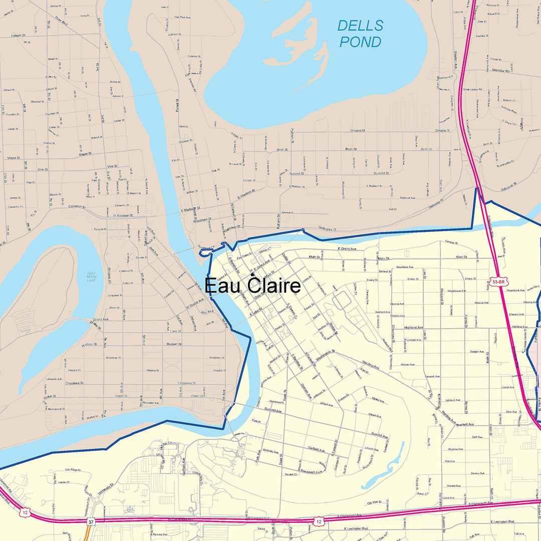 Color Cast Zip Code Style Wall Map of Eau Claire, WI