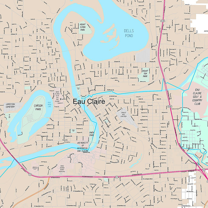 Premium Style Wall Map of Eau Claire, WI