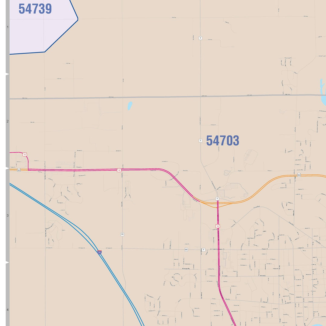 Color Cast Zip Code Style Wall Map of Eau Claire, WI