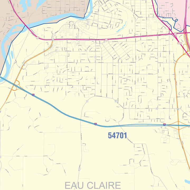 Color Cast Zip Code Style Wall Map of Eau Claire, WI