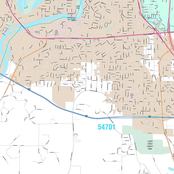 Premium Style Wall Map of Eau Claire, WI