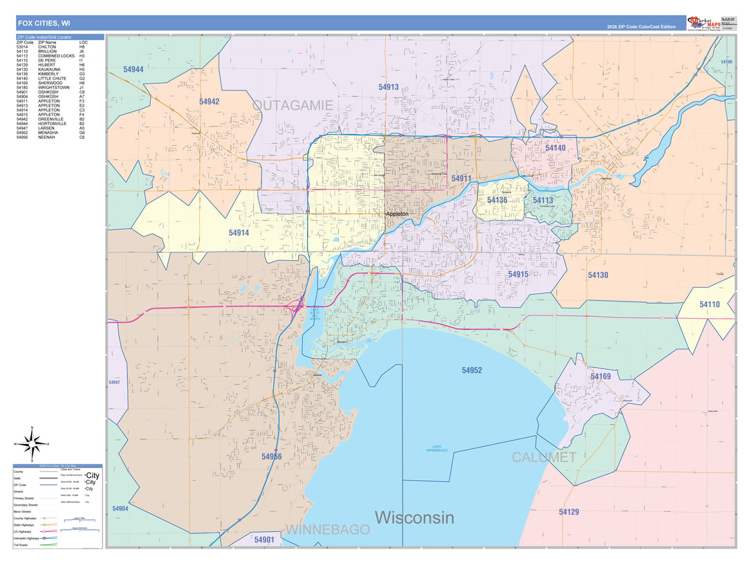 Color Cast Zip Code Style Wall Map of Fox Cities, WI