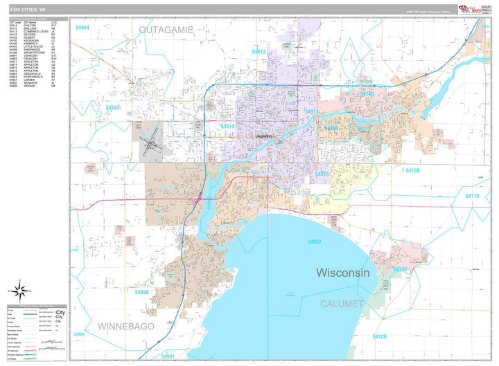 Premium Style Wall Map of Fox Cities, WI