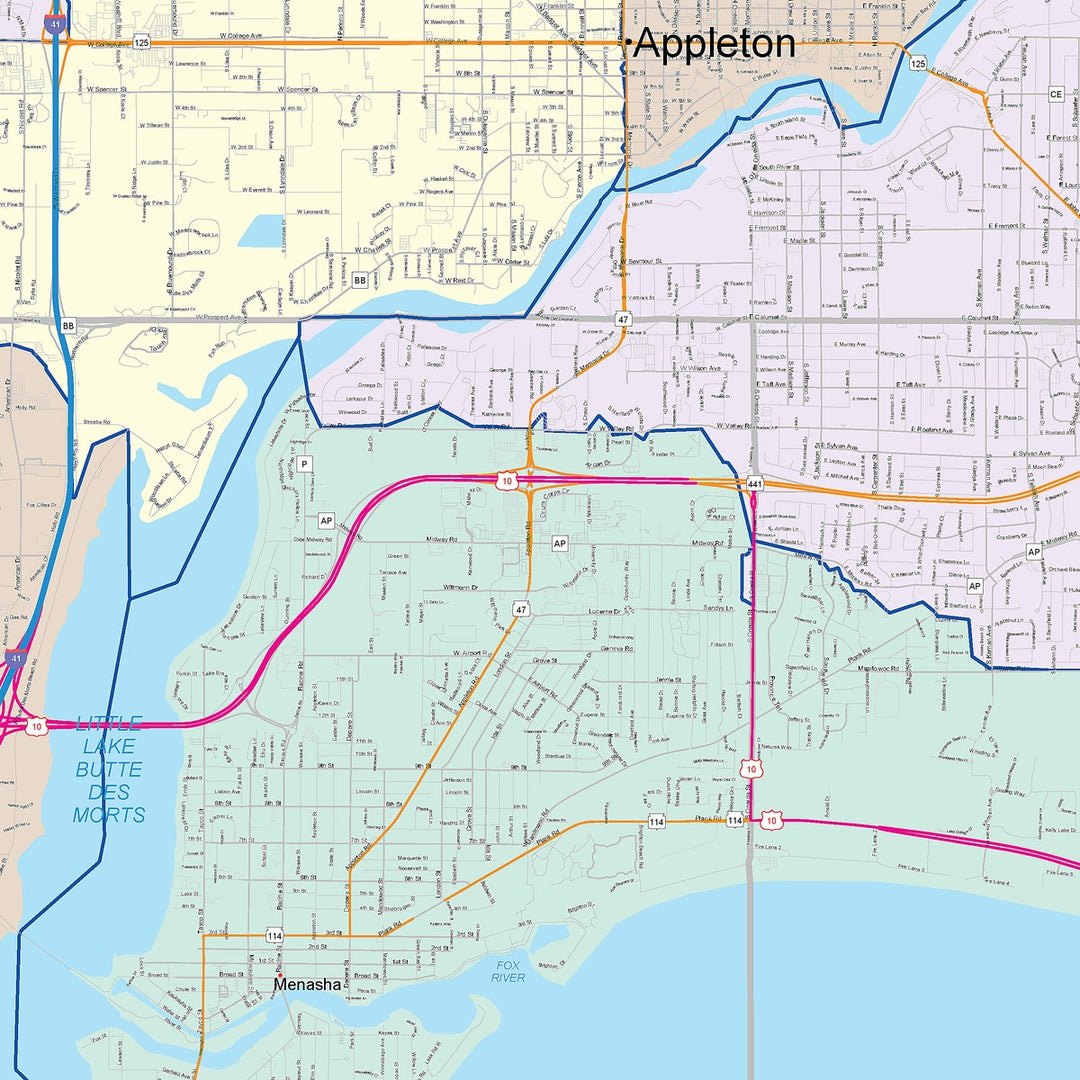 Color Cast Zip Code Style Wall Map of Fox Cities, WI