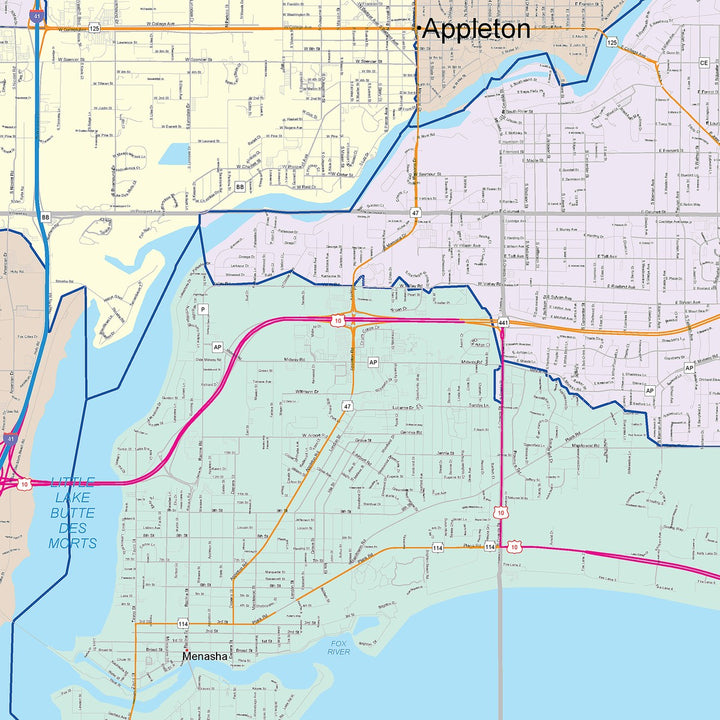 Color Cast Zip Code Style Wall Map of Fox Cities, WI