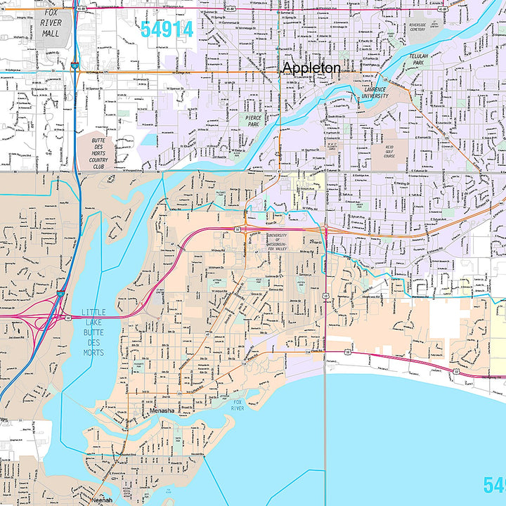 Premium Style Wall Map of Fox Cities, WI