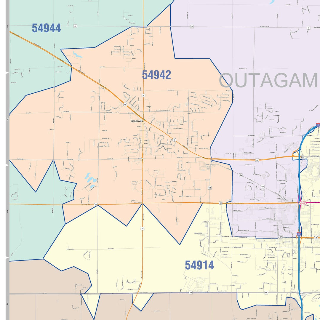 Color Cast Zip Code Style Wall Map of Fox Cities, WI