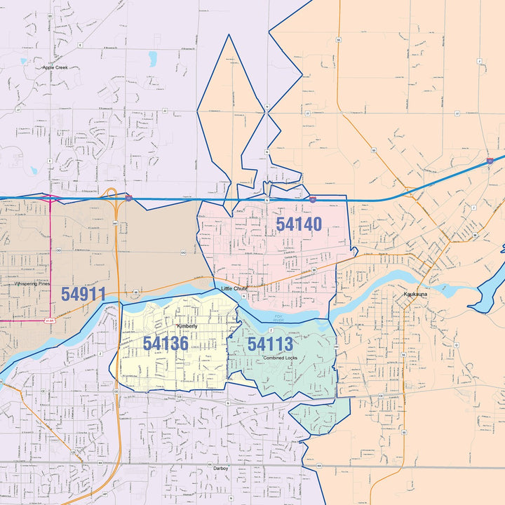Color Cast Zip Code Style Wall Map of Fox Cities, WI