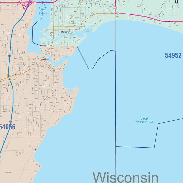 Color Cast Zip Code Style Wall Map of Fox Cities, WI