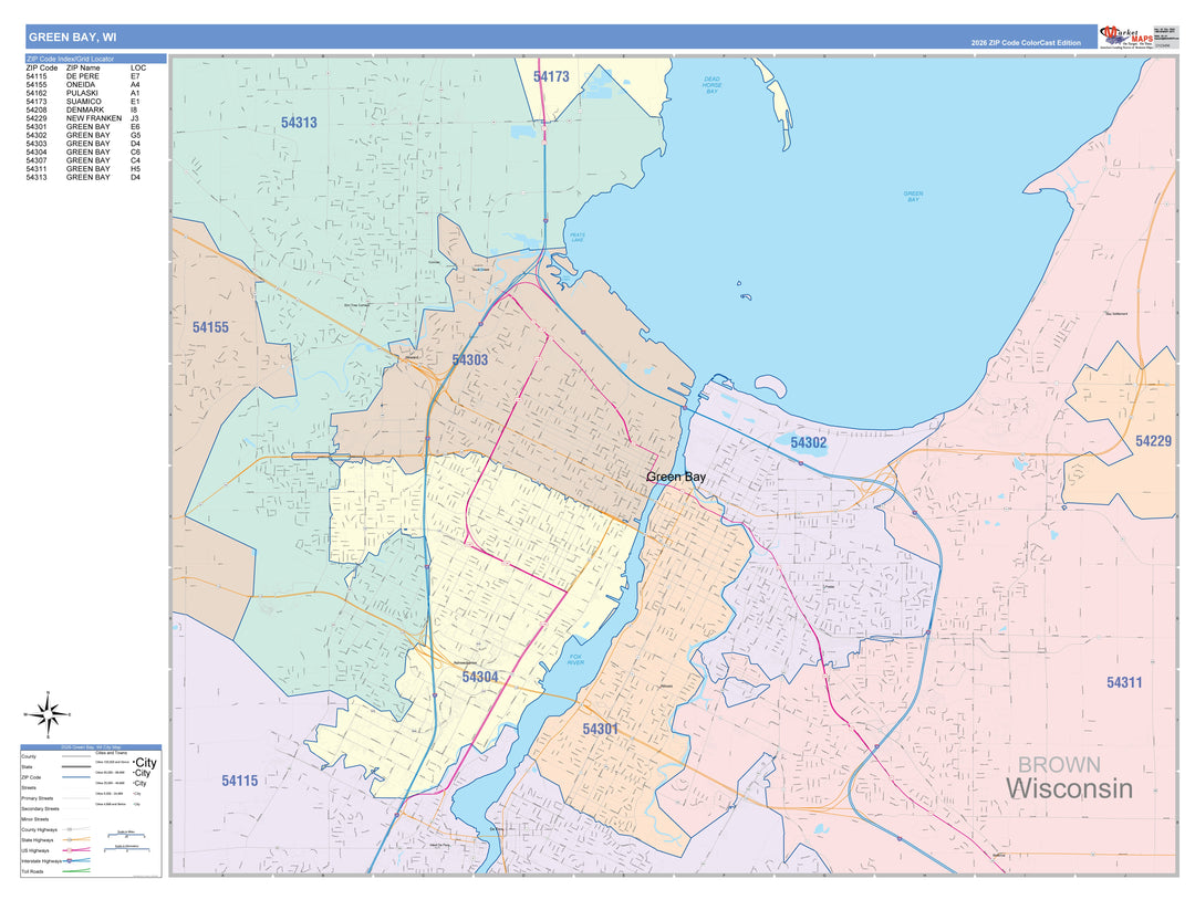 Color Cast Zip Code Style Wall Map of Green Bay, WI