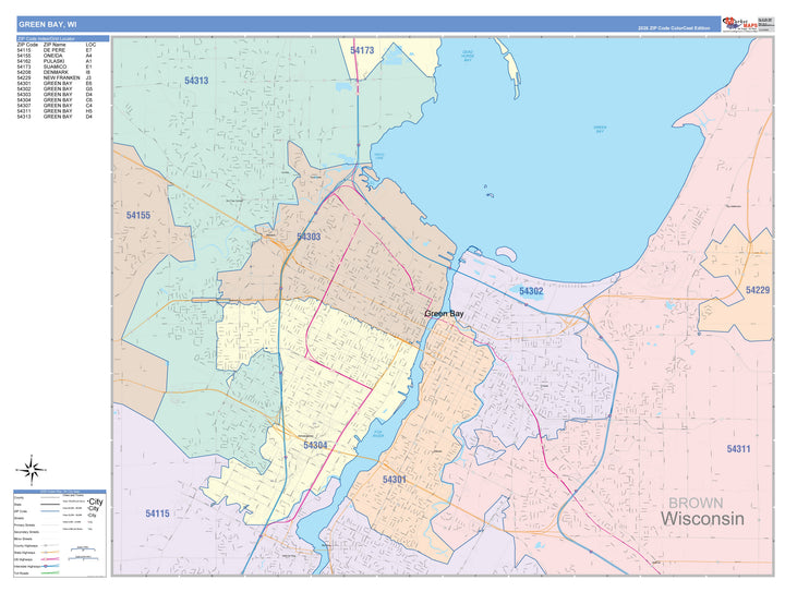Color Cast Zip Code Style Wall Map of Green Bay, WI