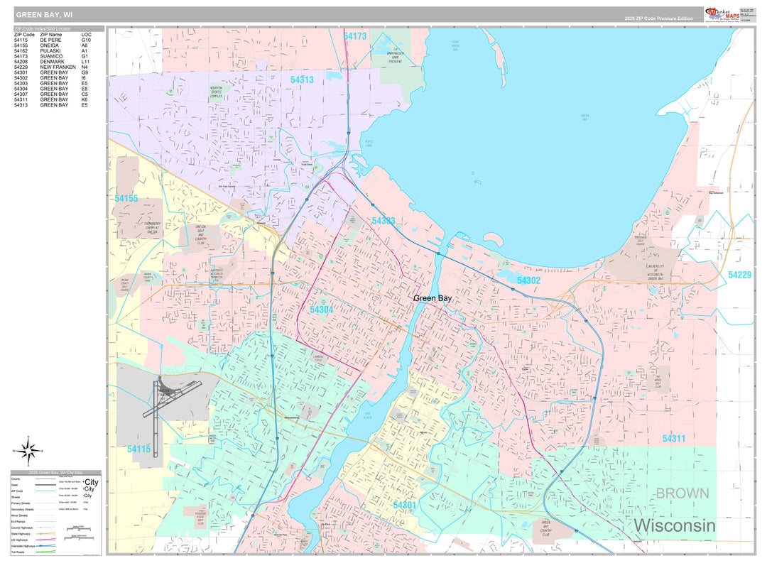 Premium Style Wall Map of Green Bay, WI
