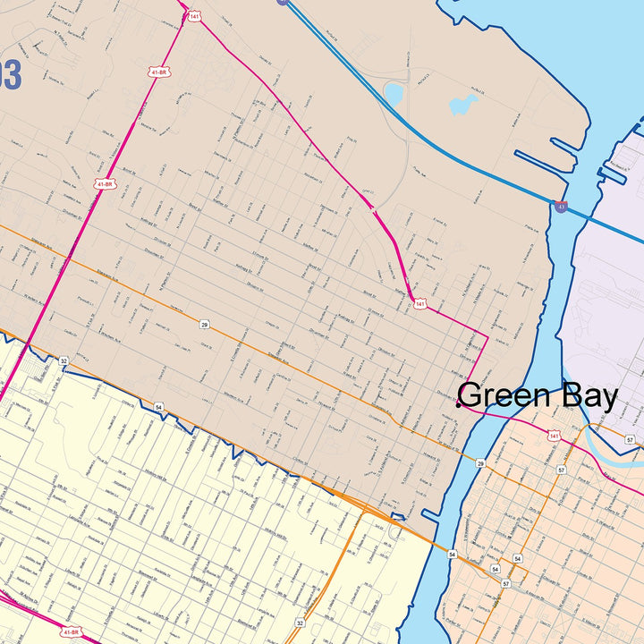 Color Cast Zip Code Style Wall Map of Green Bay, WI