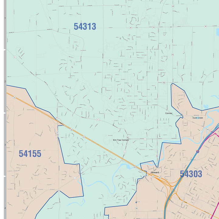 Color Cast Zip Code Style Wall Map of Green Bay, WI