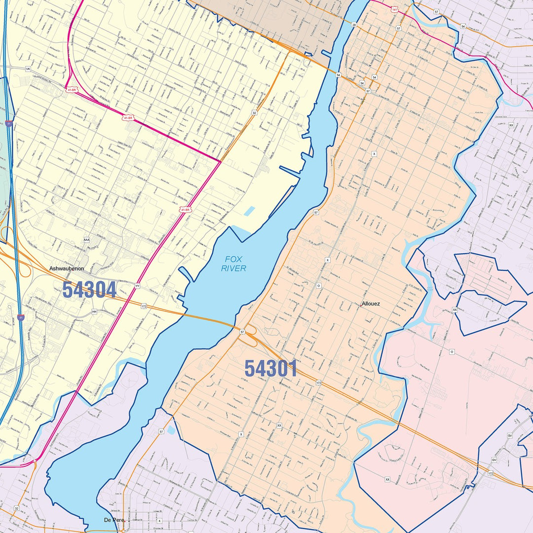 Color Cast Zip Code Style Wall Map of Green Bay, WI
