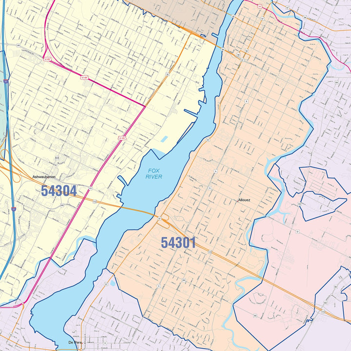 Color Cast Zip Code Style Wall Map of Green Bay, WI