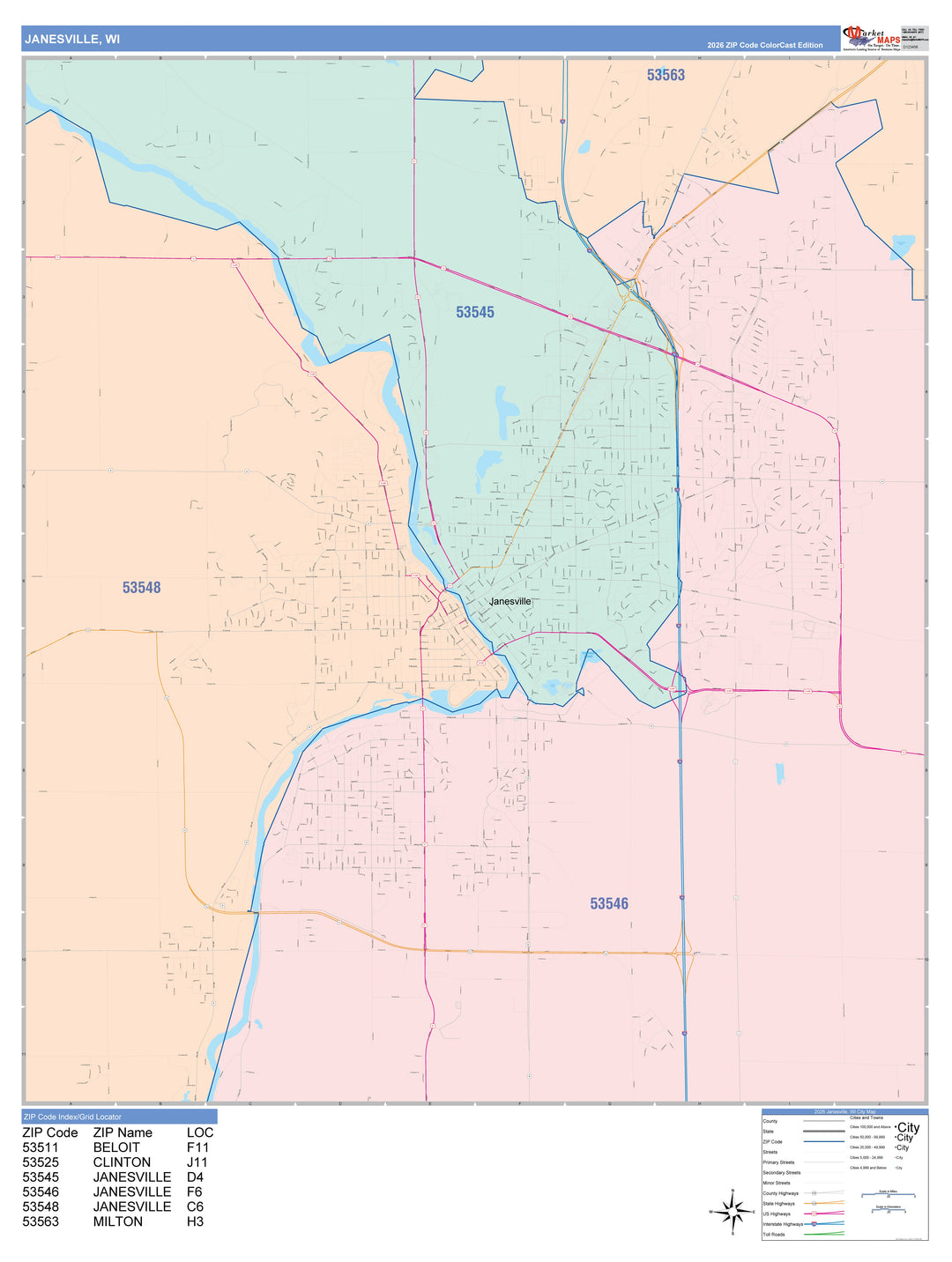 Color Cast Zip Code Style Wall Map of Janesville, WI