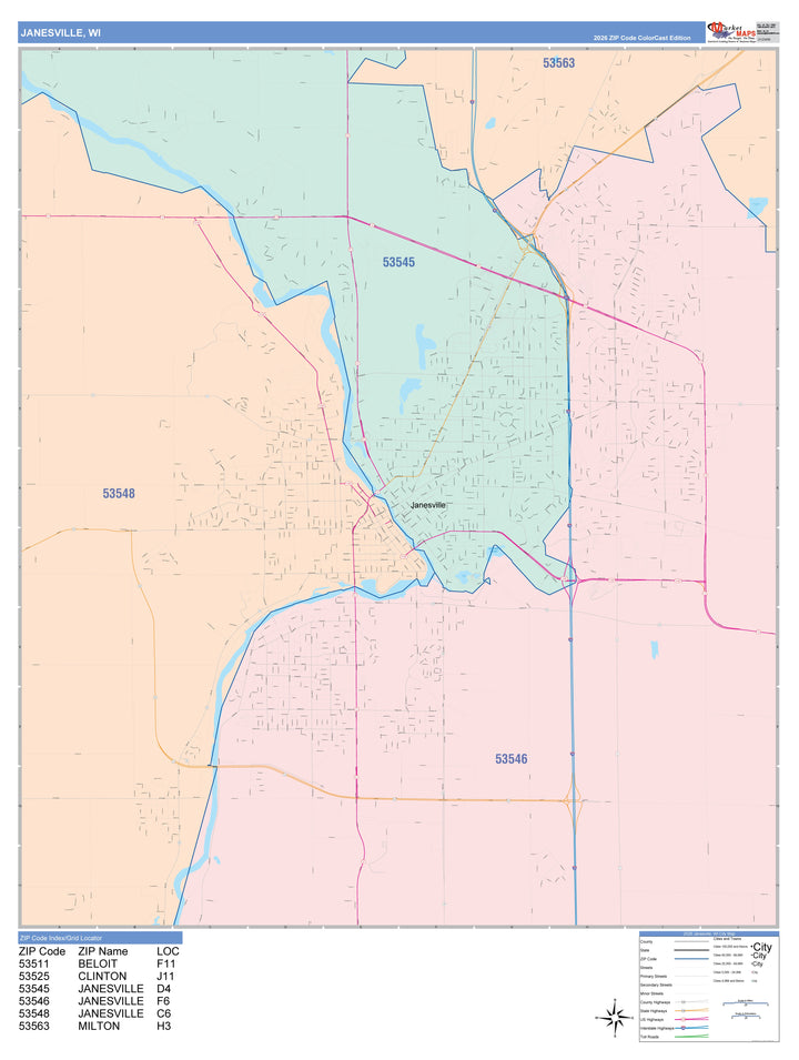 Color Cast Zip Code Style Wall Map of Janesville, WI