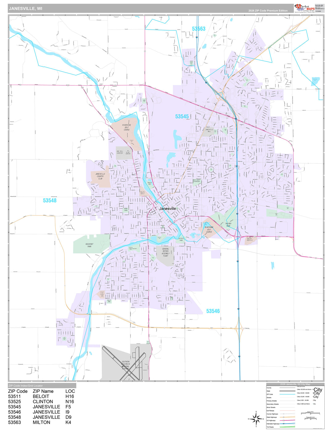Premium Style Wall Map of Janesville, WI