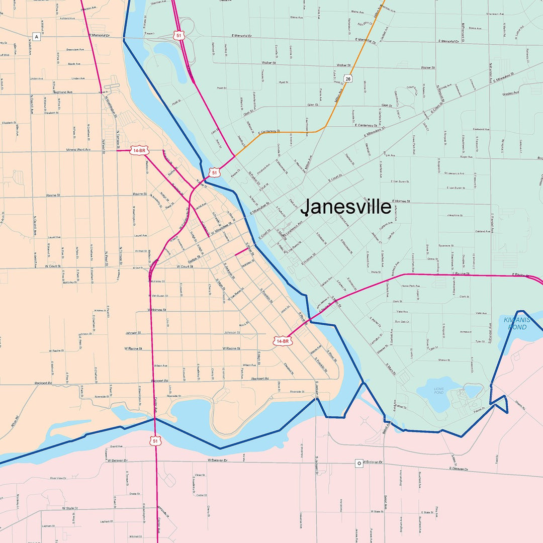 Color Cast Zip Code Style Wall Map of Janesville, WI