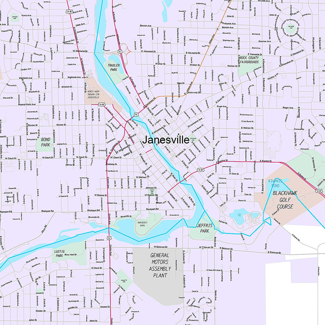 Premium Style Wall Map of Janesville, WI
