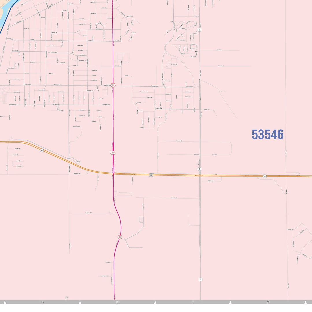Color Cast Zip Code Style Wall Map of Janesville, WI