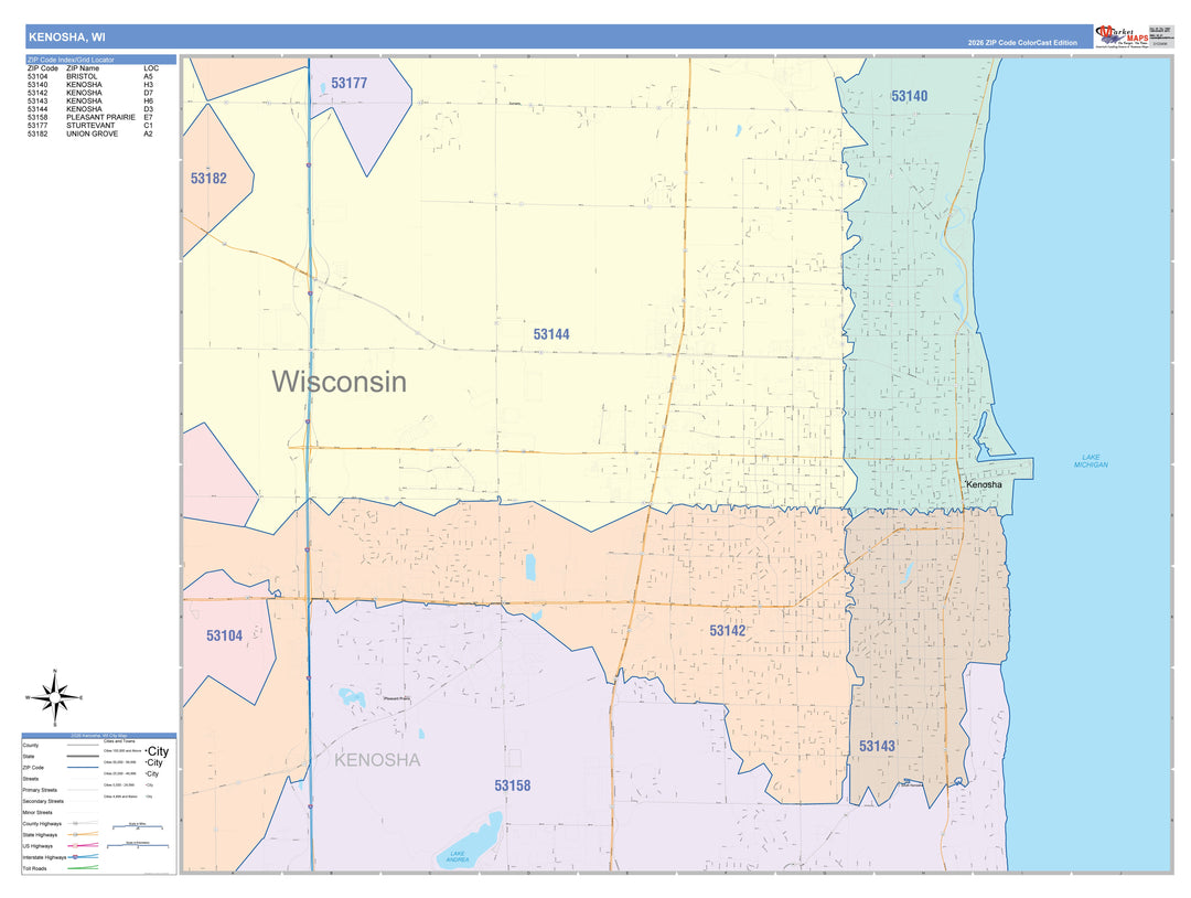 Color Cast Zip Code Style Wall Map of Kenosha, WI