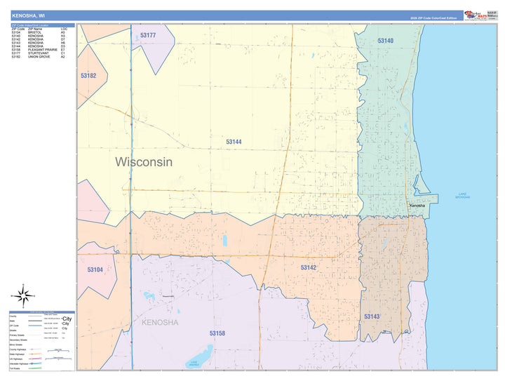 Color Cast Zip Code Style Wall Map of Kenosha, WI