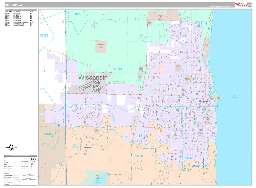 Premium Style Wall Map of Kenosha, WI