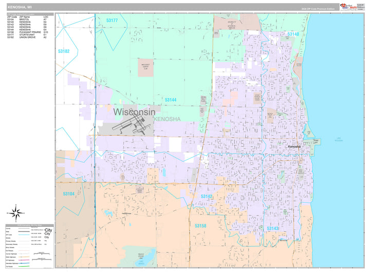 Premium Style Wall Map of Kenosha, WI