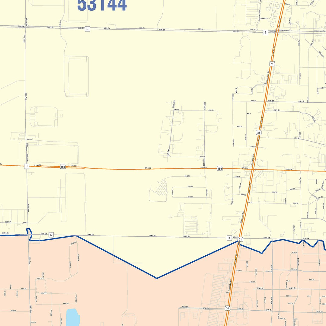 Color Cast Zip Code Style Wall Map of Kenosha, WI