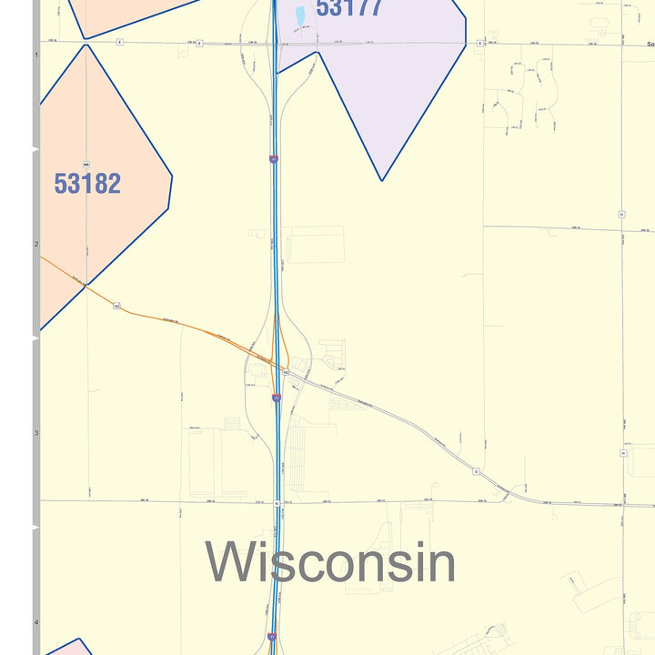 Color Cast Zip Code Style Wall Map of Kenosha, WI