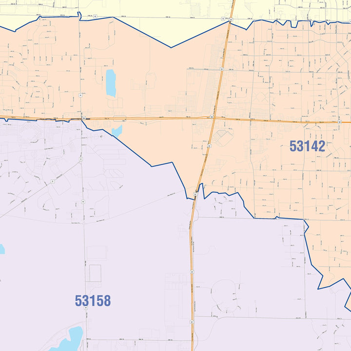 Color Cast Zip Code Style Wall Map of Kenosha, WI