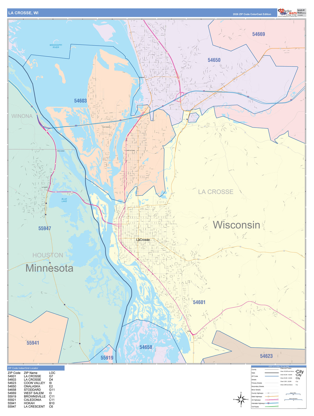 Color Cast Zip Code Style Wall Map of La Crosse, WI