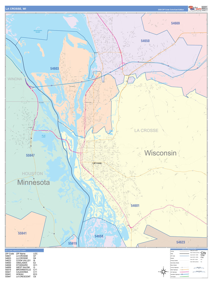 Color Cast Zip Code Style Wall Map of La Crosse, WI