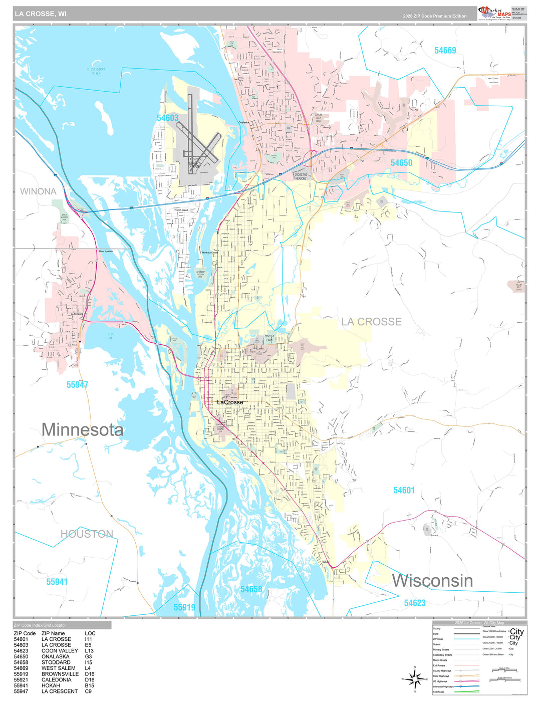 Premium Style Wall Map of La Crosse, WI
